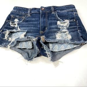 American Eagle Womens Size 4 Hi Rise Shortie Shorts Distressed Jean Blue #0375